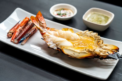 High angle view of food in plate on table