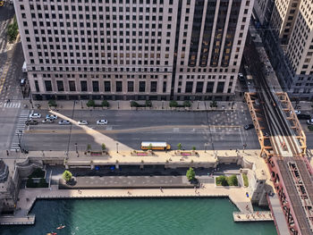 High angle view of street and buildings in city