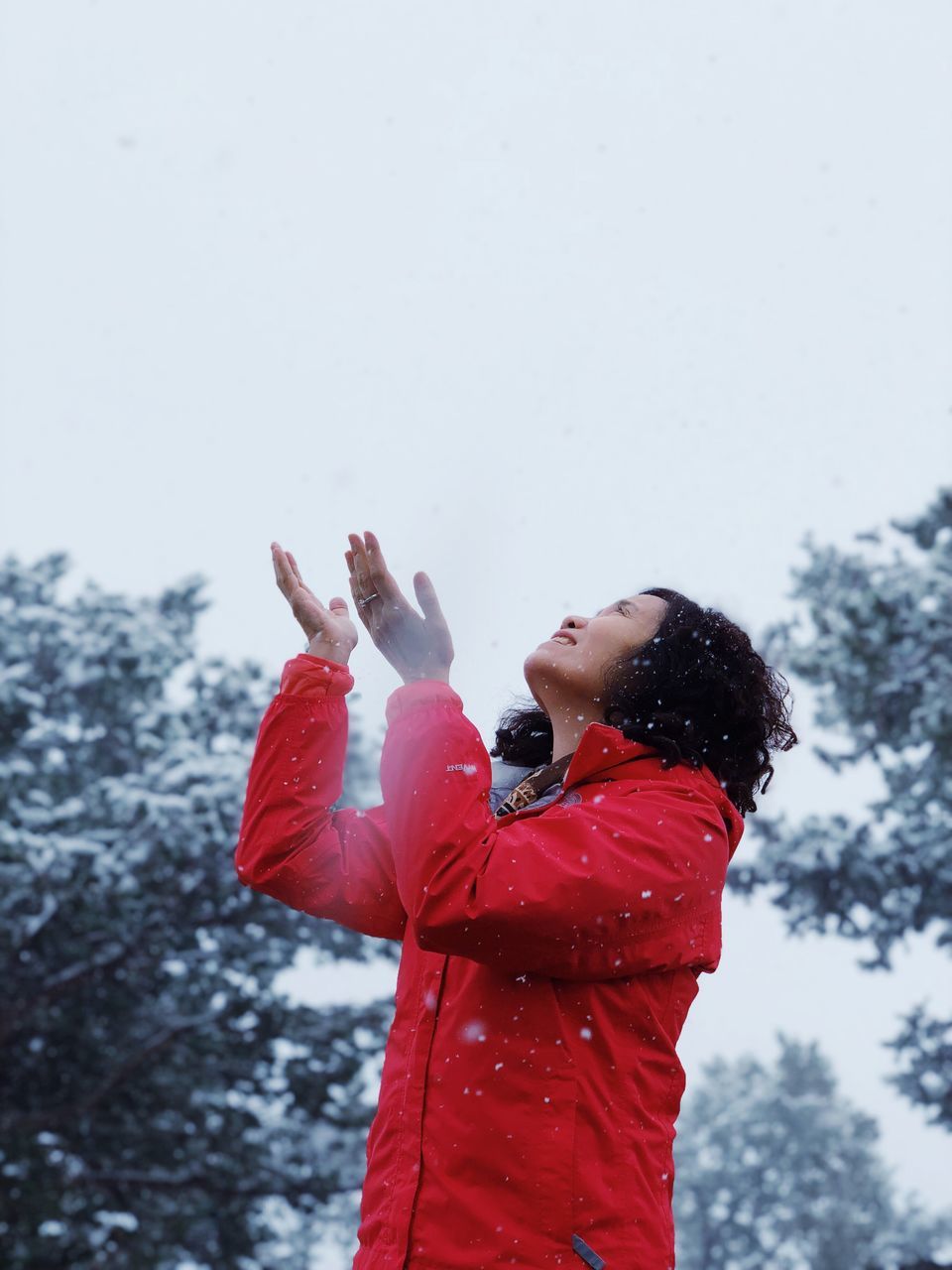 one person, real people, winter, cold temperature, snow, waist up, standing, red, sky, leisure activity, lifestyles, clothing, warm clothing, day, nature, side view, three quarter length, women, human arm, outdoors, arms raised