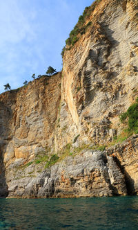 Scenic view of rock formation and sea against sky