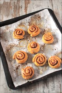 High angle view of cinnamon rolls served on table