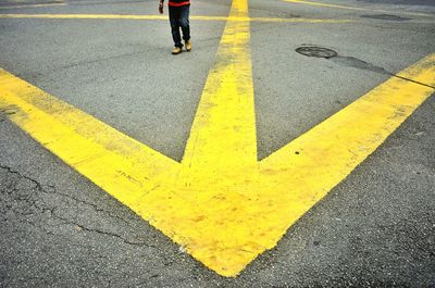 High angle view of road sign on street