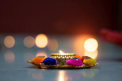 Close-up of christmas decorations on table