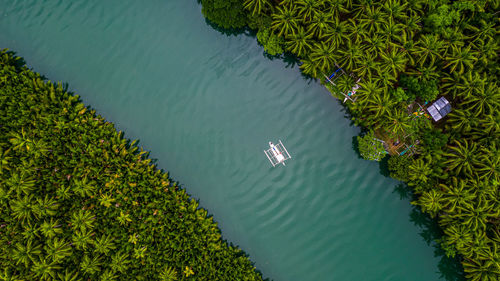 High angle view of text on lake