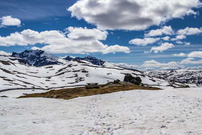 Scenic view of snowcapped mountains against sky