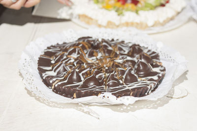 High angle view of cake in plate on table