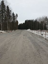 Road amidst trees on field against sky during winter