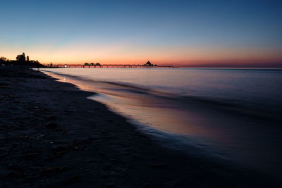 Scenic view of beach against sky at sunset