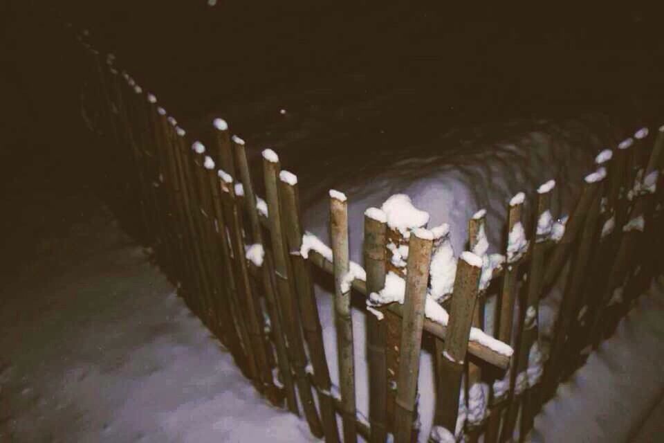 night, fence, railing, in a row, illuminated, no people, wood - material, built structure, wall - building feature, nature, water, plant, outdoors, reflection, architecture, winter, growth, the way forward, metal