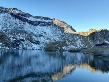 Scenic view of lake against clear blue sky