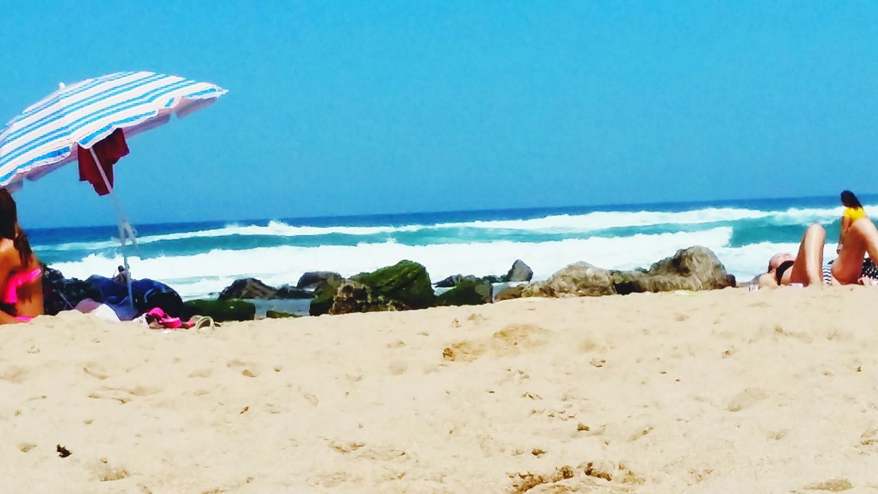 sea, beach, horizon over water, clear sky, water, shore, sand, blue, copy space, leisure activity, vacations, scenics, lifestyles, tranquil scene, tranquility, beauty in nature, nature, person, incidental people