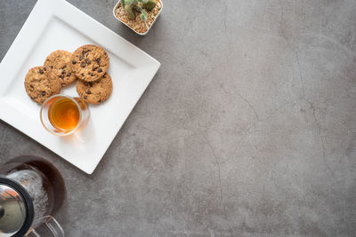 High angle view of breakfast served on table