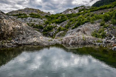 Scenic view of river and mountains against cloudy sky