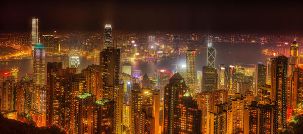 High angle view of illuminated buildings at night