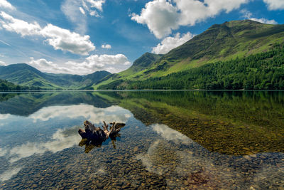 Scenic view of lake with mountains reflection against cloudy sky