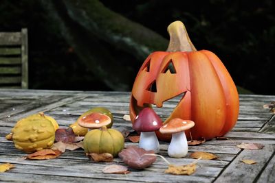 Close-up of pumpkin on table during halloween