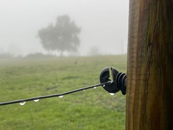 Close-up of chain on field against sky