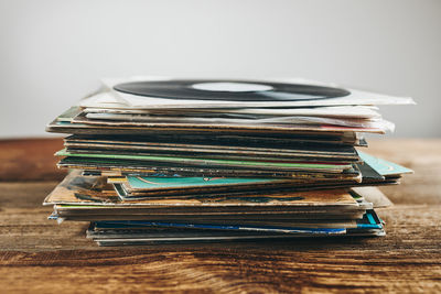 Stack of vinyl records. listening to music from record. playing music from analog disk. vintage