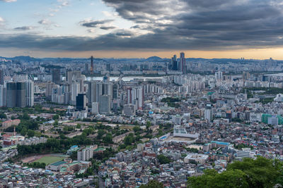 High angle view of buildings in city