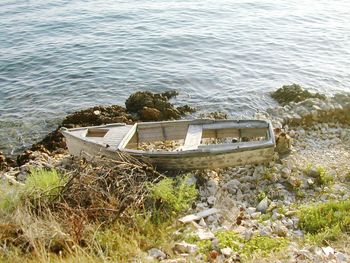 High angle view of boats moored in lake