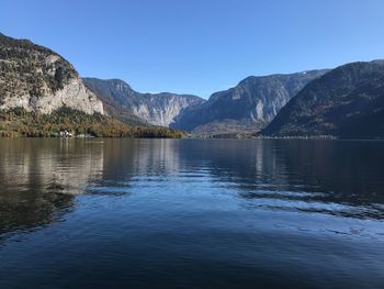 Scenic view of lake and mountains against clear blue sky