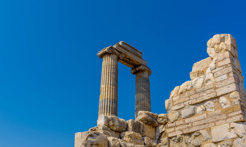 Low angle view of old temple against clear blue sky