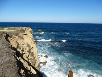 Scenic view of sea against clear blue sky