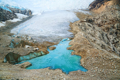 High angle view of lake and glacier 