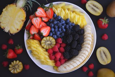 Directly above shot of fruits in bowl on table