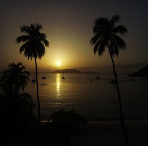 Silhouette palm trees on beach against sky at sunset