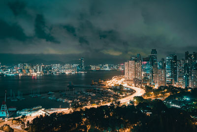 Aerial view of illuminated cityscape against sky at night