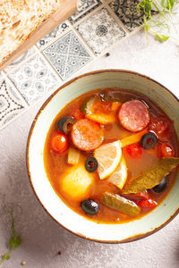 High angle view of food in bowl on table