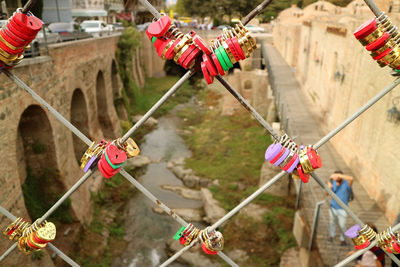 High angle view of multi colored flags hanging