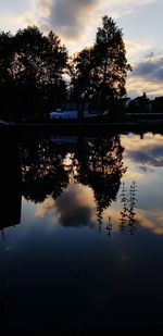 Silhouette tree by lake against sky during sunset