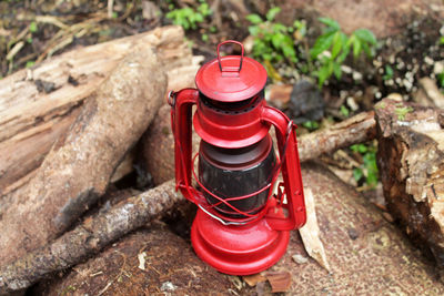 Close-up of classic oil lantern in the woods