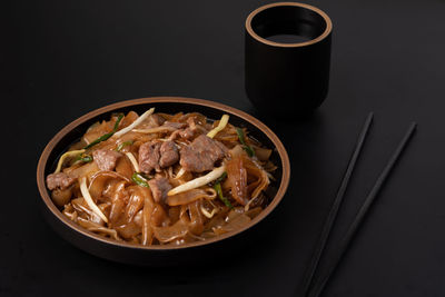 High angle view of noodles in bowl on table