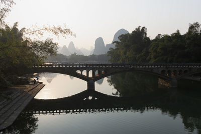 Aerial view of xingping karsts hills and li river at sunset near yangshuo in guanxi province, china