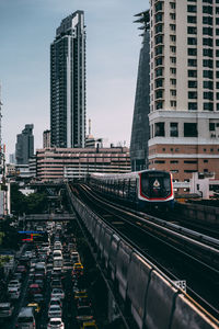 Railroad tracks amidst buildings in city against sky