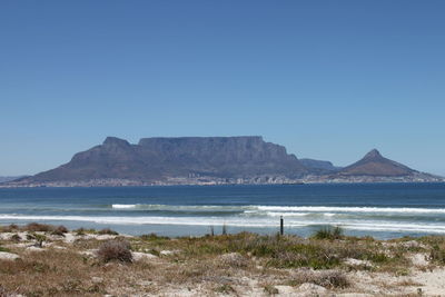 Idyllic shot of table mountain and sea against clear sky