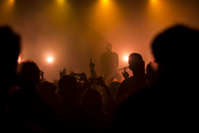 Silhouette people enjoying music concert at night