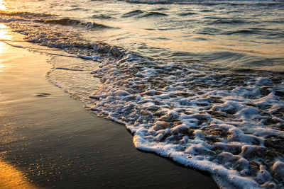 Sea waves washing sandy beach during sunset