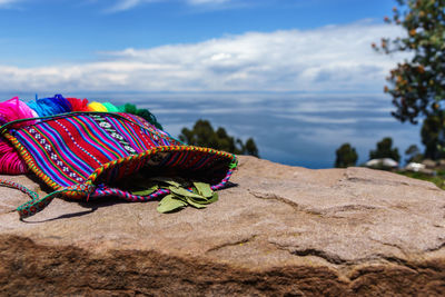 Leaves in knitted bag on rock formation