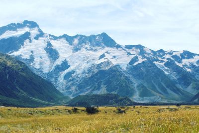 Scenic view of snowcapped mountains against sky