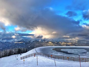 Scenic view of snow covered mountains against sky