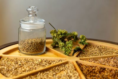 Close-up of food in jars on table