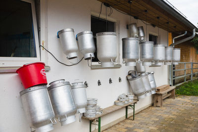 Row of kitchen utensils in building