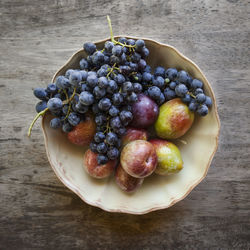 High angle view of grapes in plate on table