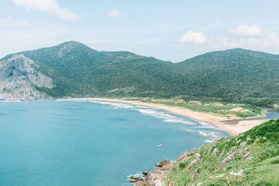 Scenic view of sea and mountains against sky