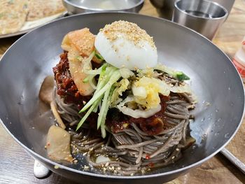 High angle view of food in plate