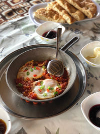 High angle view of breakfast served on table